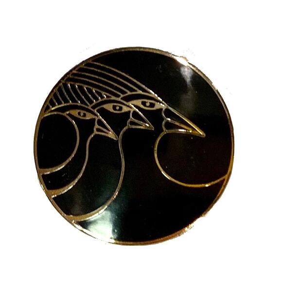 70s 80s LARGE Laurel Burch Celestial Birds Clip On Earrings | Black & Gold | 1" - Picture 1 of 6